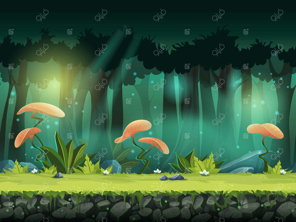 تصویر افقی پیوسته از جنگل با گل‌های اسرارآمیز