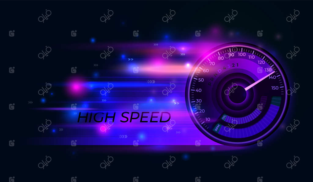 زمینه سرعت‌سنج: تکنو و سرعت، خودرو در حال شتاب، خطوط آبی و صورتی، نشانگر مسابقه، بنر وکتور جدید