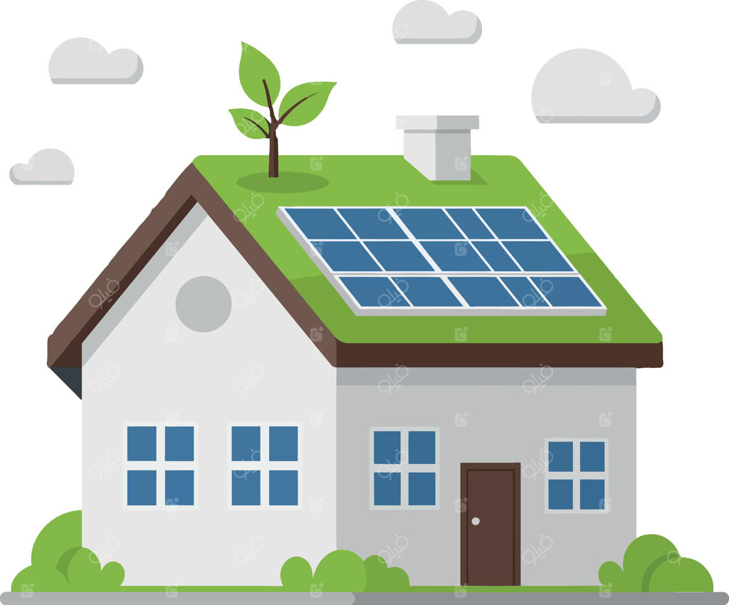 خانه سازگار با محیط‌زیست با پنل‌های خورشیدی و فضای سبز در طراحی مسطح؛ نمایش زیست پایدار و معماری مدرن