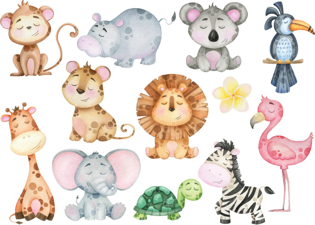 مجموعه بزرگ آبرنگی حیوانات استوایی با پس‌زمینه سفید
