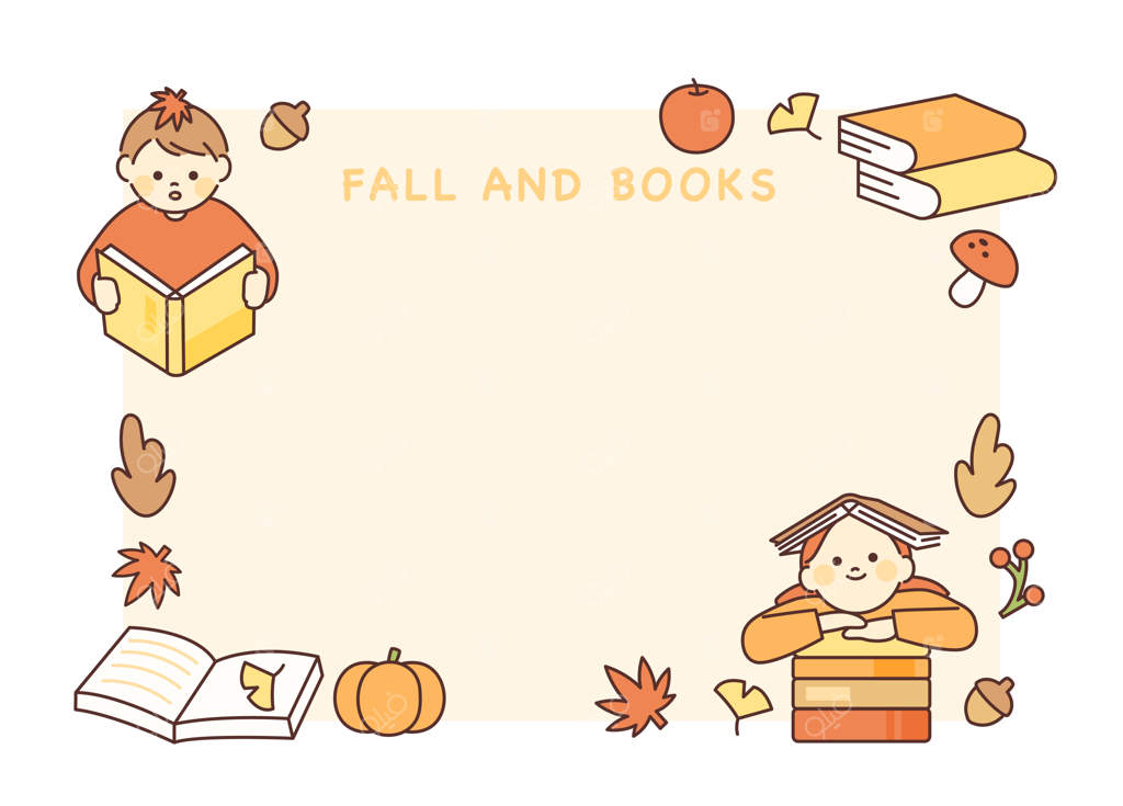 پسری و دختری در حال خواندن کتاب. کتاب‌ها در کنار برگ‌های پاییزی انباشته شده‌اند. کارت پیام.