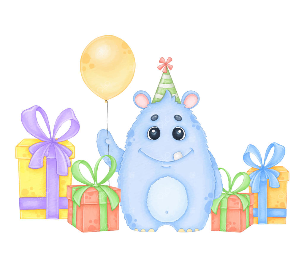 هیولای آبی با بادکنک و هدایا، تصویر آبرنگی برای تولد