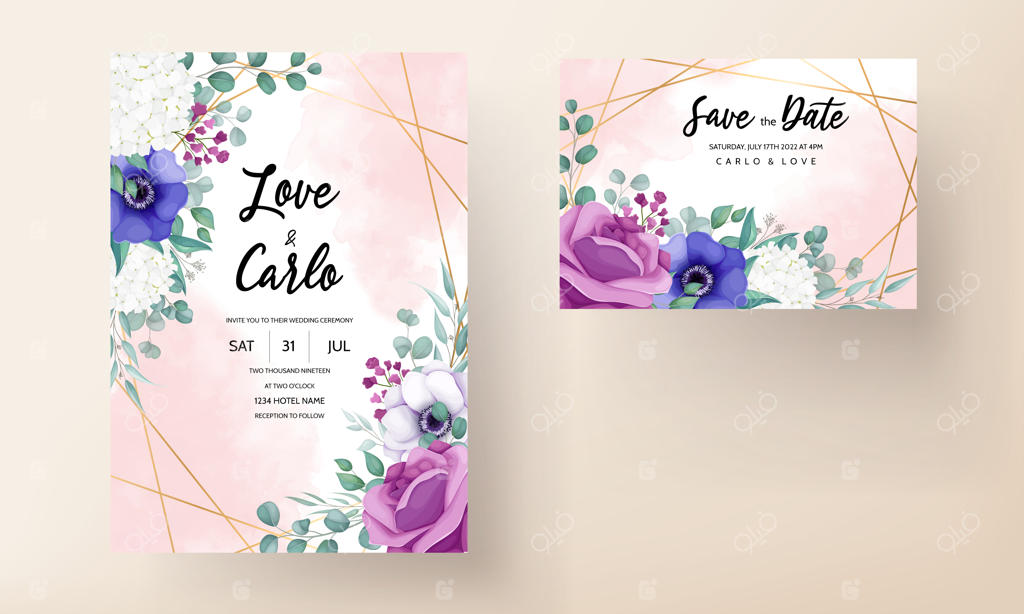 قالب کارت دعوت عروسی با طرح گل رز و شقایق زیبا