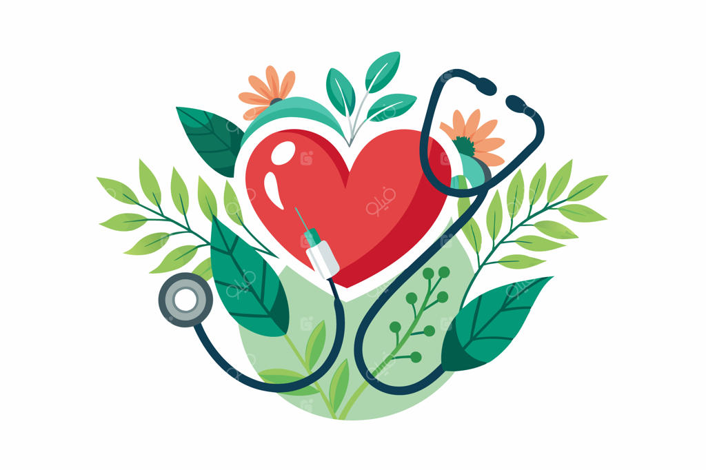 تصویر هنری قلب قرمز در میان گل و برگ‌های سرسبز به همراه گوشی پزشکی؛ نمادی از اهمیت سلامتی و طبیعت
