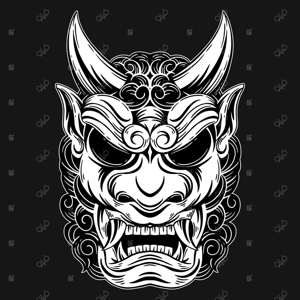 خالکوبی ماسک شیطان ژاپنی با سبک تیره و سایه‌زنی دستی