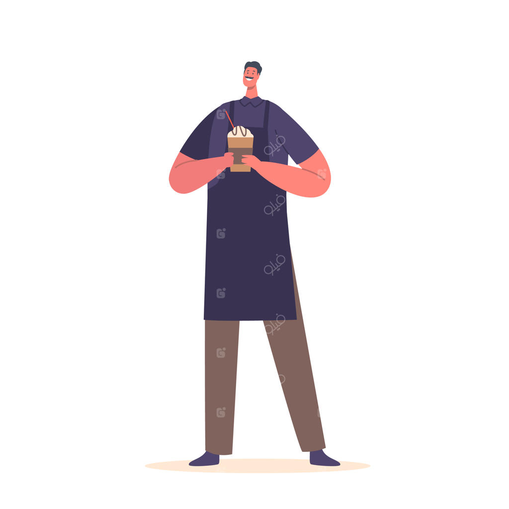 باریستا با پیش بند در حال نگه‌داشتن نوشیدنی قهوه تازه دم، شخصیت متصدی بار روی پس زمینه سفید