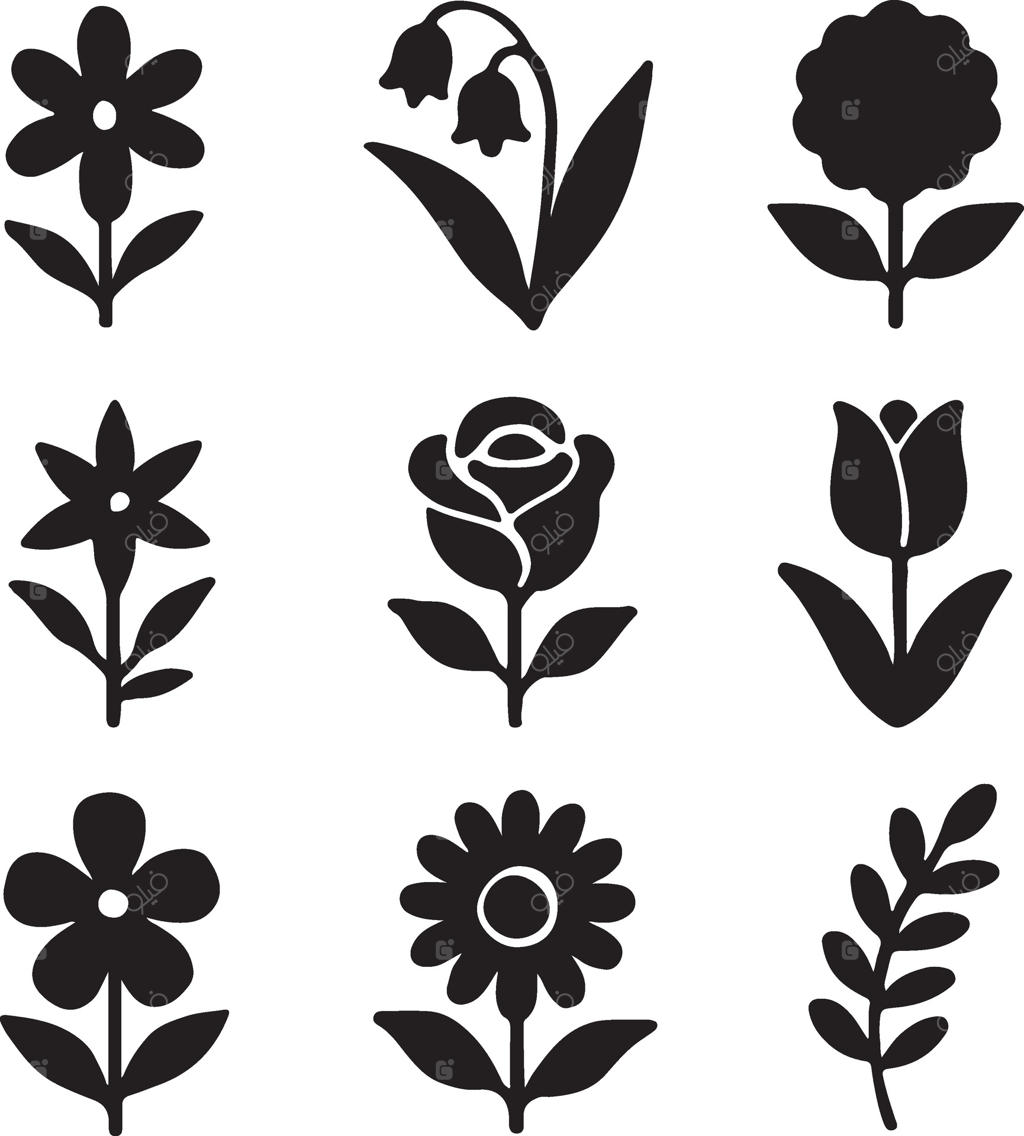 مجموعه‌ای از نه نیمرخ گل سیاه و سفید استیلیزه شده با انواع مختلف گل‌ها