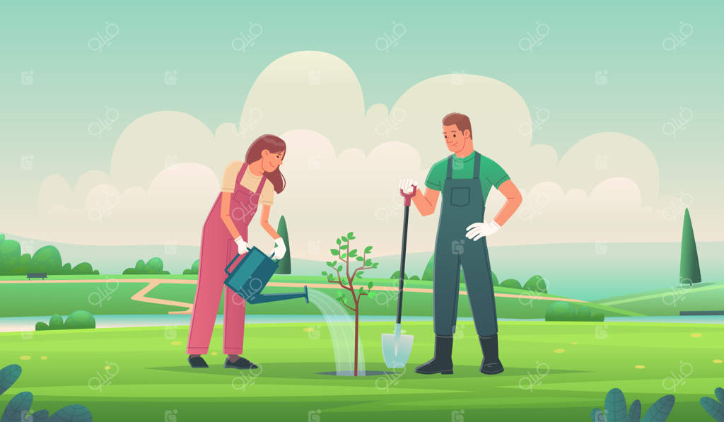 زوج خوشحال در حال کاشت درخت. یک مرد و یک زن در حال باغبانی. داوطلبی و مراقبت از محیط زیست. تصویرسازی وکتور به سبک تخت