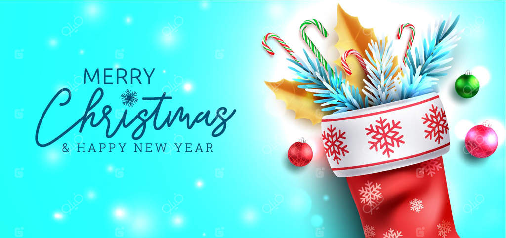 طراحی وکتور تبریک جشن کریسمس: متن "کریسمس مبارک" با جوراب‌های قرمز.