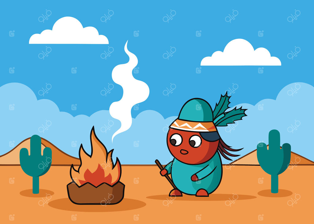 شخصیت کارتونی سرخ‌پوست کنار آتش در بیابان زیر آسمان آبی و ابری