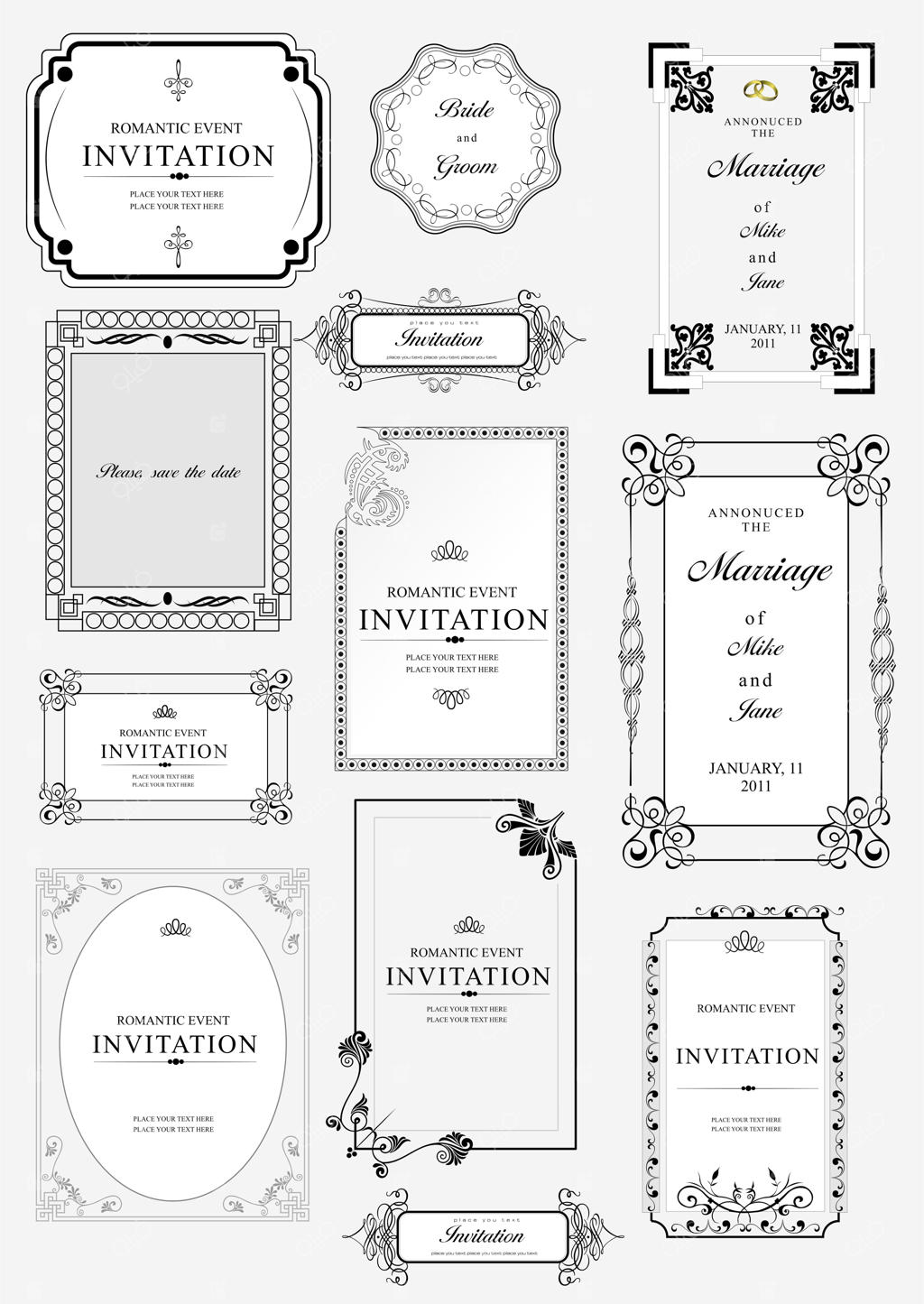 مجموعه قاب و حاشیه‌های تزیینی وکتور با متن نمونه، مناسب برای دعوت‌نامه و اعلامیه با اجزای کاملاً تفکیک‌شده