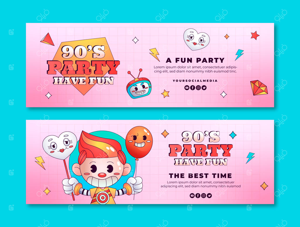 بسته بنرهای افقی مهمانی کارتونی دهه ۹۰ با جلوه گرادیانت