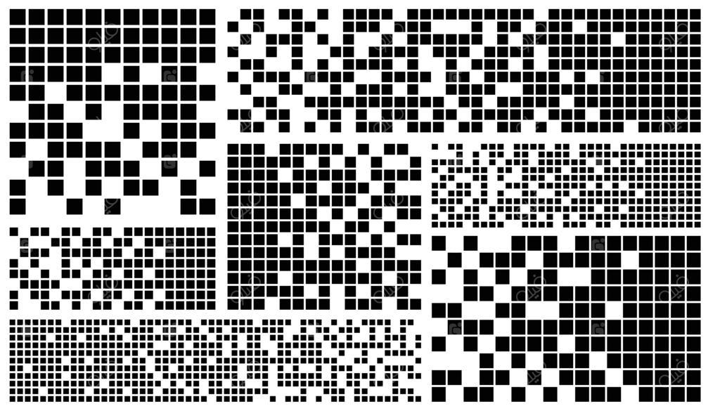 بنر پیکسلی: طراحی هدر و فوتر با لبه‌های موزاییکی. برچسب‌های عنوان افقی با پیکسل‌ها. عناصر تبلیغاتی با تزئینات پیکسلی. مجموعه‌ای از اشکال مستطیلی شطرنجی.