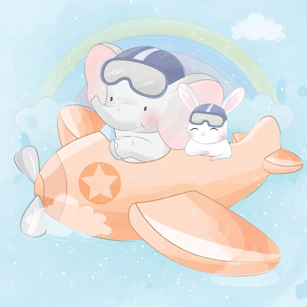 تصویرسازی فیل بامزه و خرگوش در هواپیما