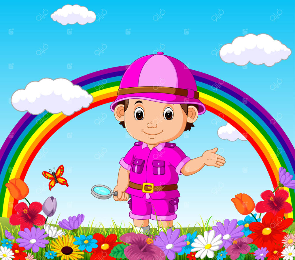 پسر بامزه با ذره‌بین در باغ پر از گل با رنگین‌کمان