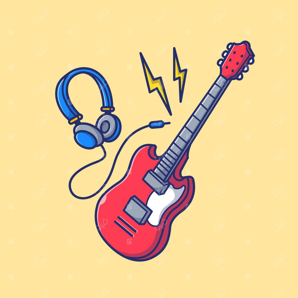 وکتور آیکون کارتونی گیتار و هدفون؛ تصویرسازی مفهومی موسیقی و تعطیلات