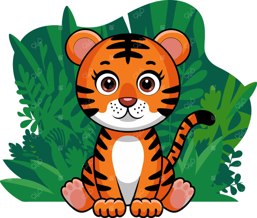 تصویرسازی ببر کارتونی بامزه نشسته در میان سرسبزی جنگل برای کودکان