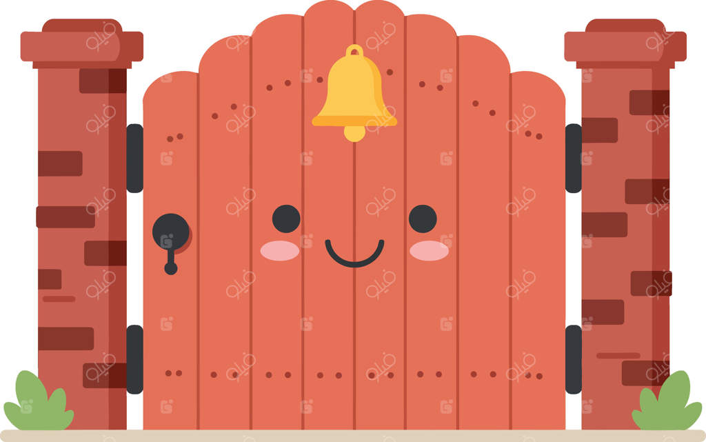 تصویر دروازه چوبی بامزه‌ی باغ با ستون‌های آجری و زنگ طلایی به سبک تخت