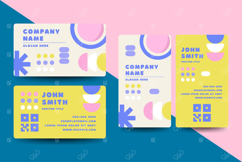 کارت ویزیت خلاقانه با اشکال هندسی و رنگ‌های زنده، مناسب برای استارتاپ‌ها، طراحان و برندهای مدرن