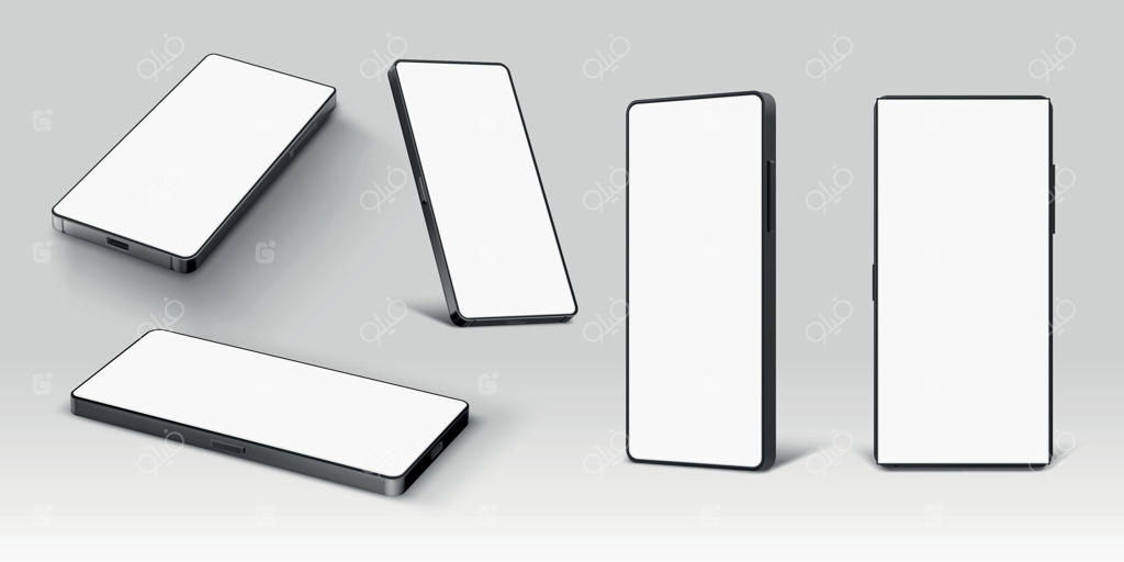 ماکاپ گوشی موبایل: طراحی واقع‌گرایانه دستگاه هوشمند با صفحه‌نمایش خالی در نماهای خوابیده و ایستاده جلو و کنار. مجموعه قالب تلفن همراه وکتور