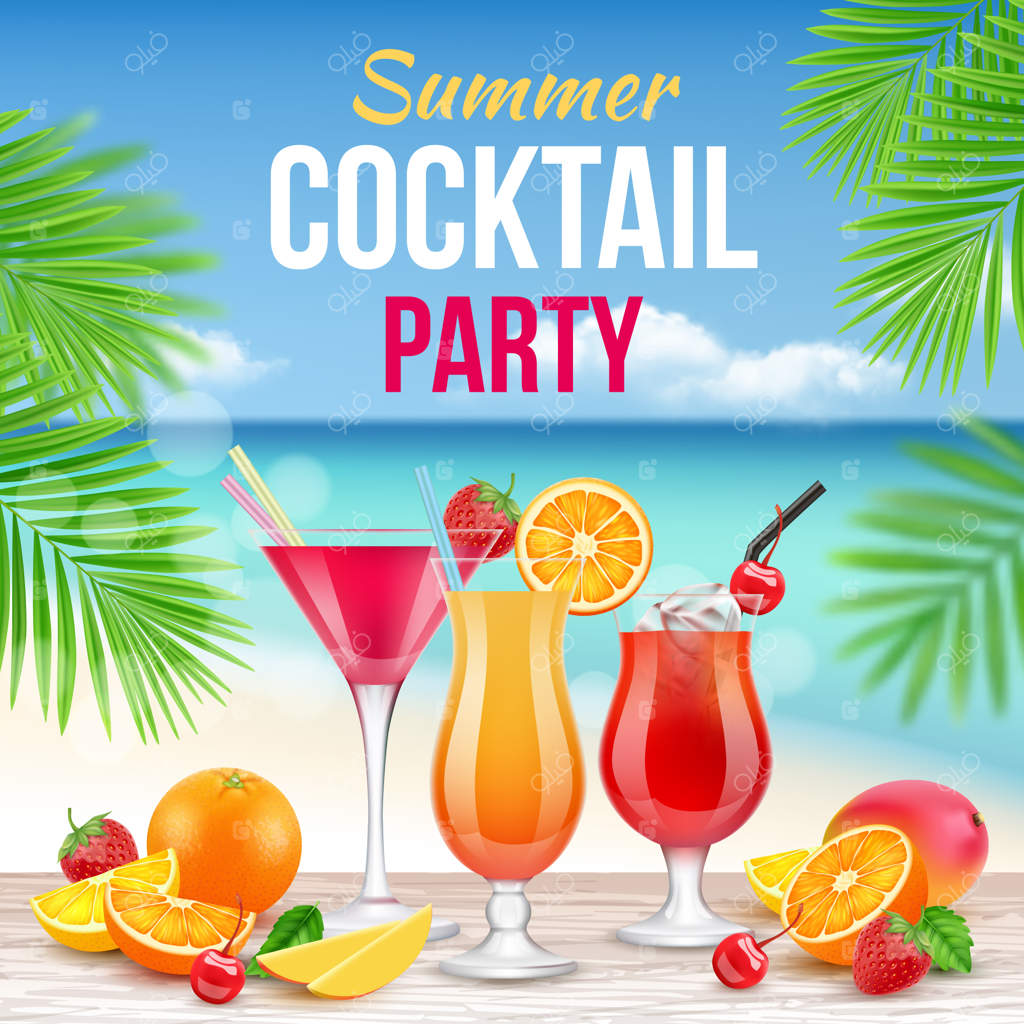 پوستر مهمانی کوکتل: دعوت به مهمانی تابستانی با مشروبات الکلی، مارتینی، ویسکی و مارگاریتا