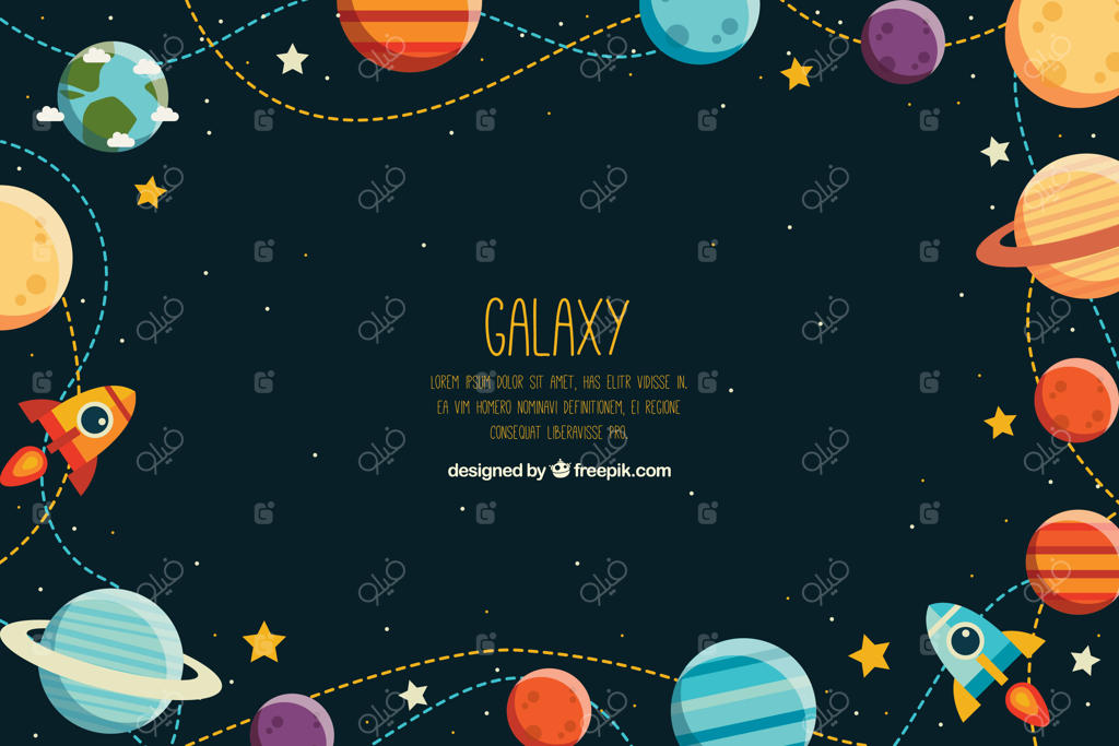 زمینه‌ای با سیارات رنگارنگ و موشک‌ها به سبک طراحی تخت