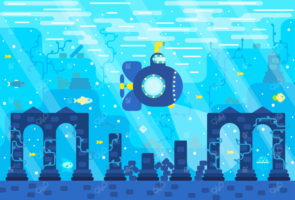 یک زیردریایی در حال کاوش ویرانه‌های یک شهر باستانی غرق‌شده است