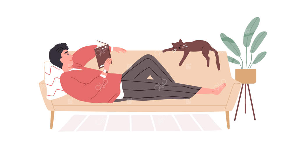 جوانی در حال استراحت روی کاناپه و خواندن کتاب: زمانی دنج برای عاشقان کتاب