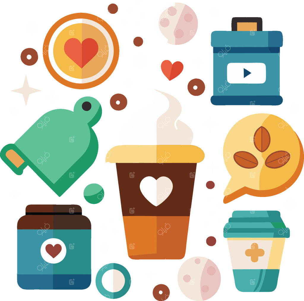 آیکون‌های طراحی فلت با تم قهوه: فنجان قهوه به همراه قلب، دانه‌های قهوه، لیوان‌های بیرون‌بر، نمادهای عشق، شیشه قهوه، آیکون زنگوله