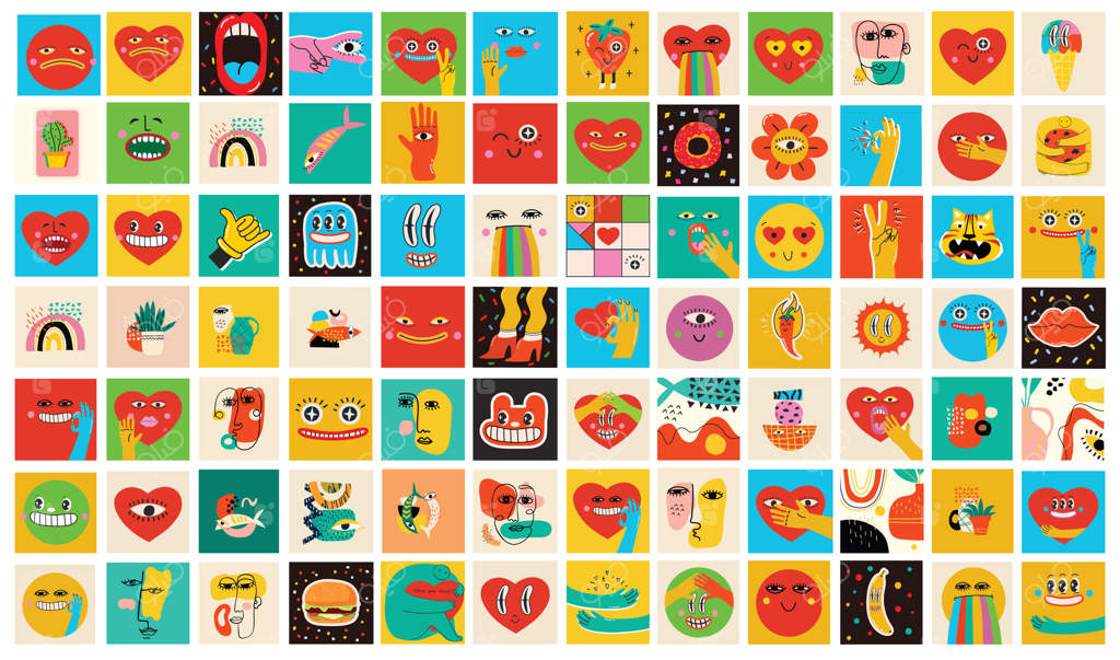 مجموعه بزرگی از وکتورهای رنگارنگ برای پوسترها با طراحی کارتونی: اشکال انتزاعی، چهره‌ها و شخصیت‌های بامزه با بافت‌های متفاوت و دست‌ساز