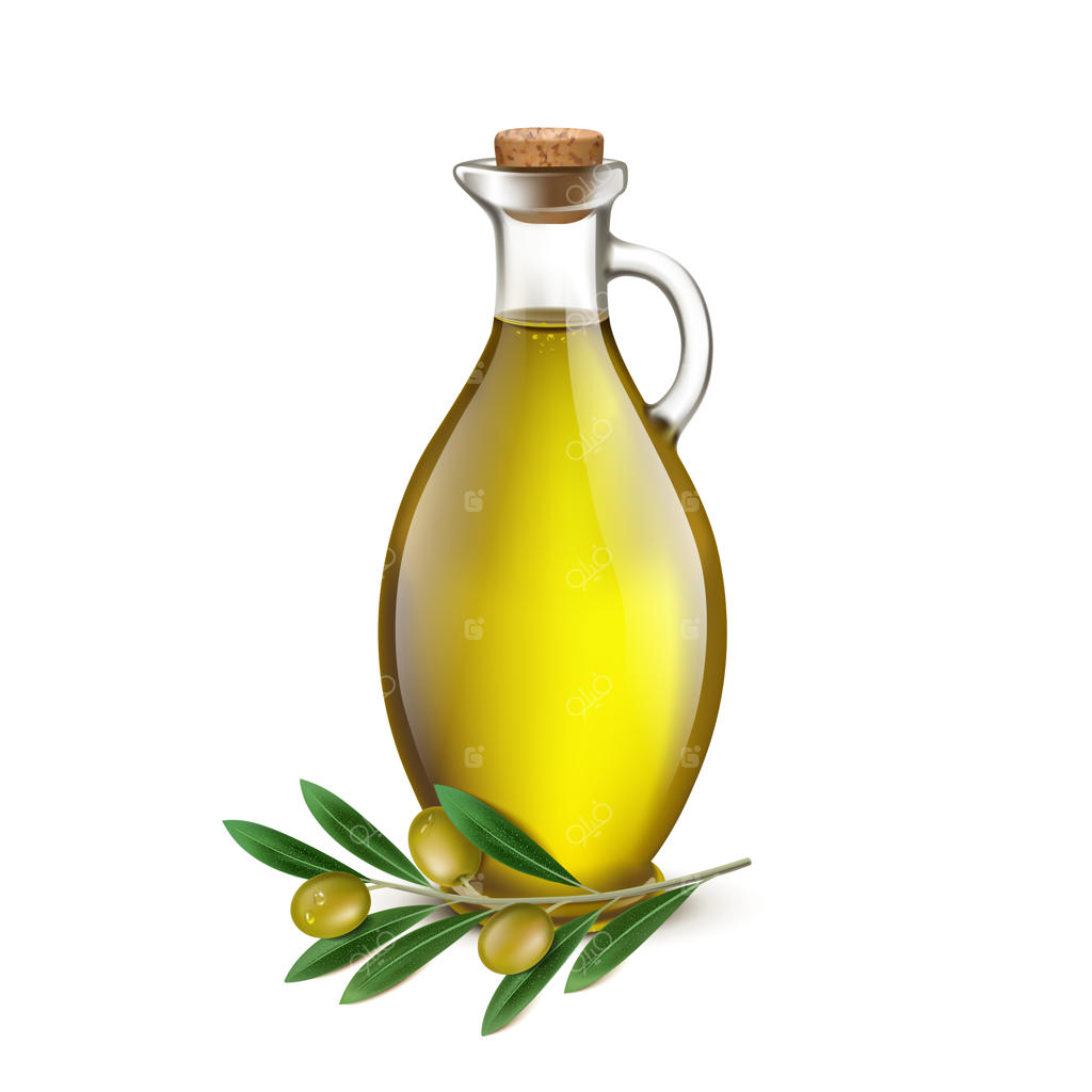 تصویر واقعی از پارچ روغن زیتون و شاخه زیتون
