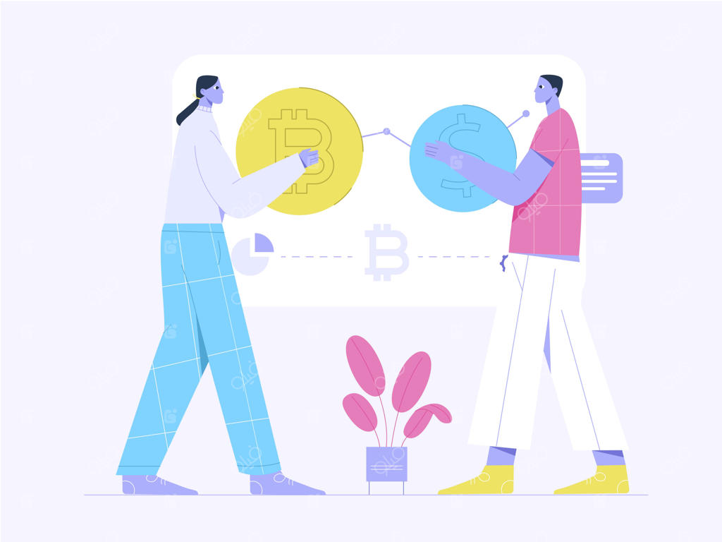 زن و مرد در حال انجام معامله برای سرمایه‌گذاری بیت‌کوین - تصویرسازی مسطح