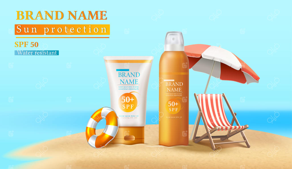 تصویر پس‌زمینه باکتریاهای گرافیکی: بنر تبلیغاتی زیبای تابستانی با بطری‌ها و اسپری ضدآفتاب