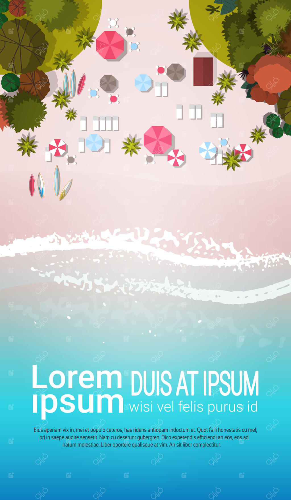 تعطیلات تابستانی ساحل: نمای بالایی از چترهای رنگارنگ و شن‌های گرم کنار دریا، فضای عمودی برای کپی‌رایتینگ