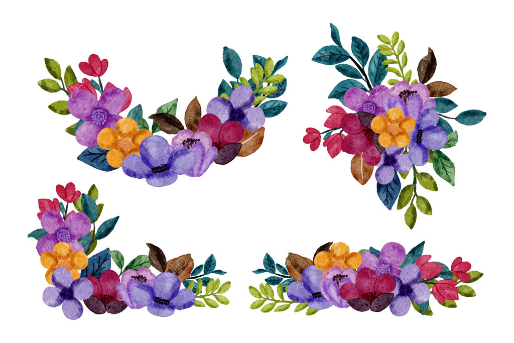 دسته گل زیبا و برگ‌ها برای تزیین به سبک آبرنگی
