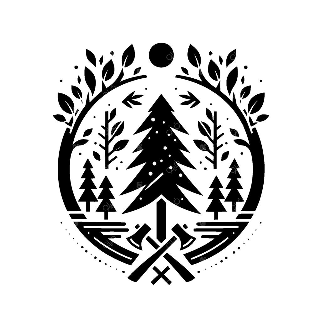 نشان دایره‌ای سیاه و سفید با طرح درخت کاج، تبرها، جنگل و طبیعت، همراه با برگ‌ها، نقاط و پیکان‌ها.