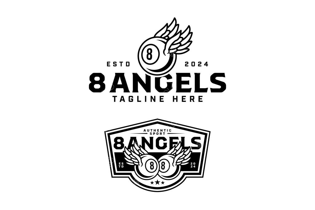 8 توپ بیلیارد با پرهای تیره، طراحی لوگوی محدوده اعضا. طراحی مجموعه لوگوی توپ بیلیارد سیاه 8 با بال فرشته و خط هنر جناحی. تصویر لوگوی بیلیارد زاویه‌دار برای باشگاه و مسابقات بیلیارد.