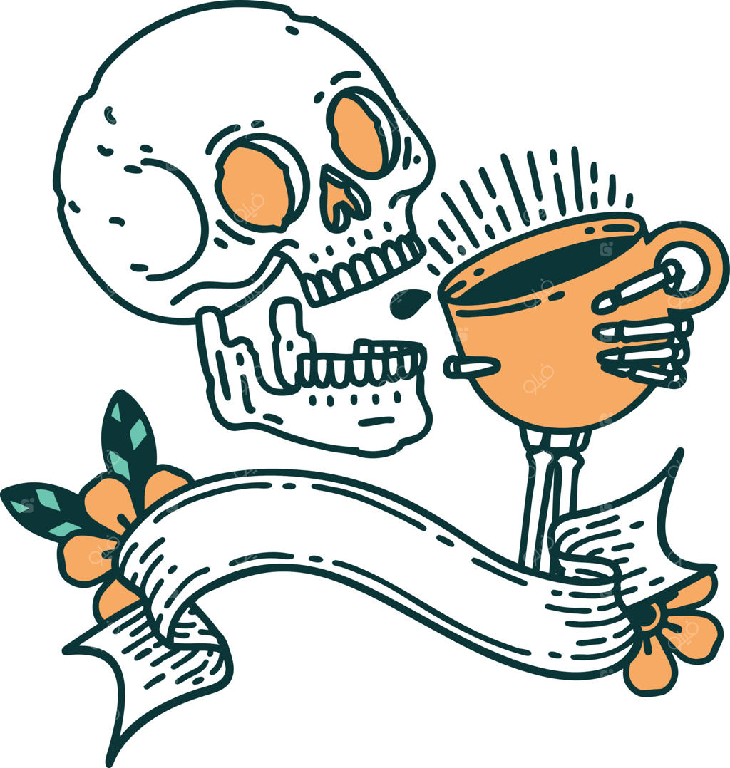 خالکوبی سنتی با بنر جمجمه‌ای که قهوه می‌نوشد