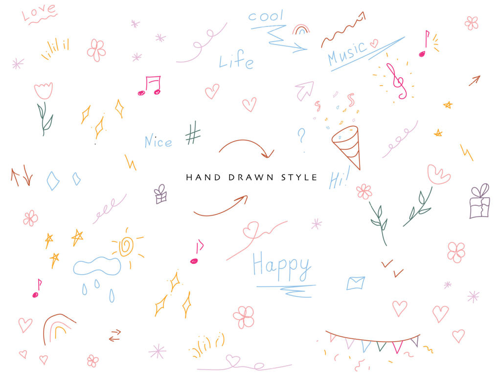 مجموعه‌ای رنگارنگ از طرح‌های دست‌کش ساده: شامل ستاره‌ها، قلب‌ها، کاغذ رنگی، خطوط، نت‌های موسیقی، کلید سل، پیکان‌ها، گل‌ها و غیره