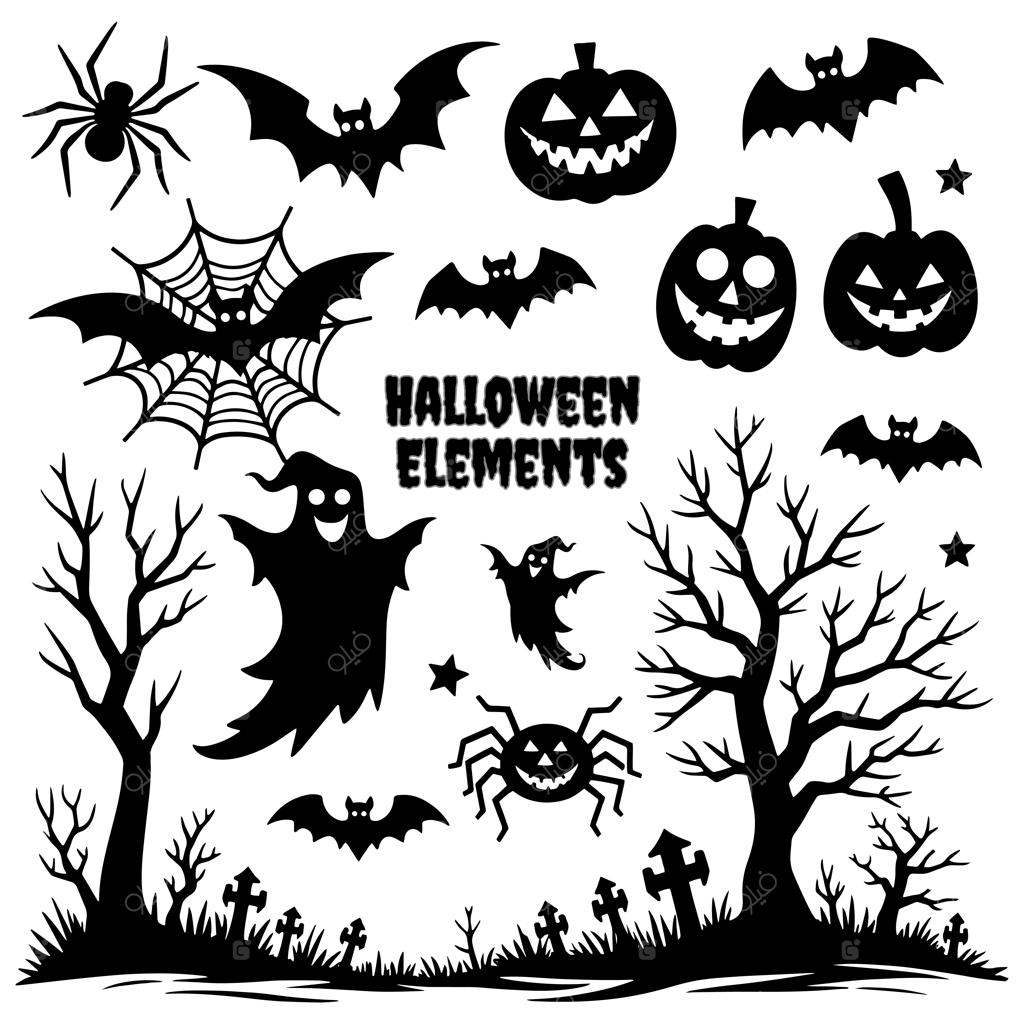 المان‌های سیلوئت هالووین با پس‌زمینه سفید
