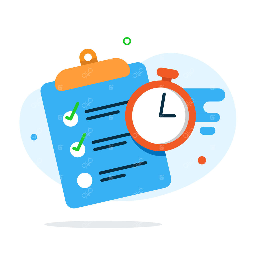 وکتور چک‌لیست و برگه آزمون با تایمر، تصویرسازی مفهوم امتحان به سبک طراحی تخت (Flat)؛ المان گرافیکی مناسب برای رابط کاربری صفحه فرود، آیکون و اینفوگرافیک