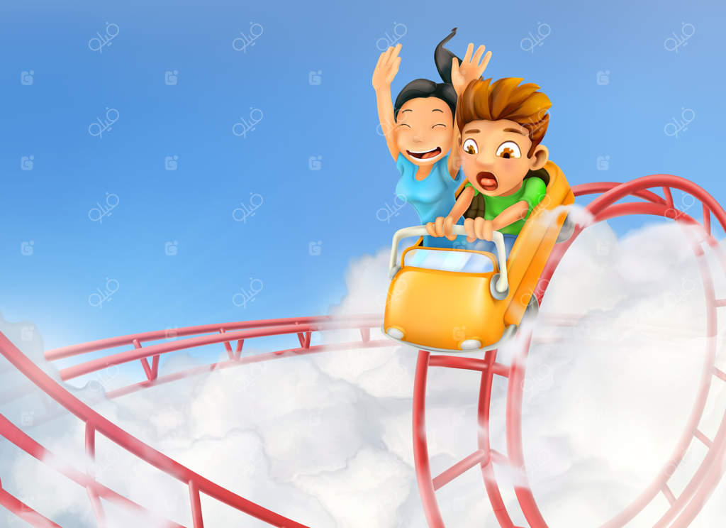 کودکان در حال لذت بردن از ترن هوایی در پس‌زمینه