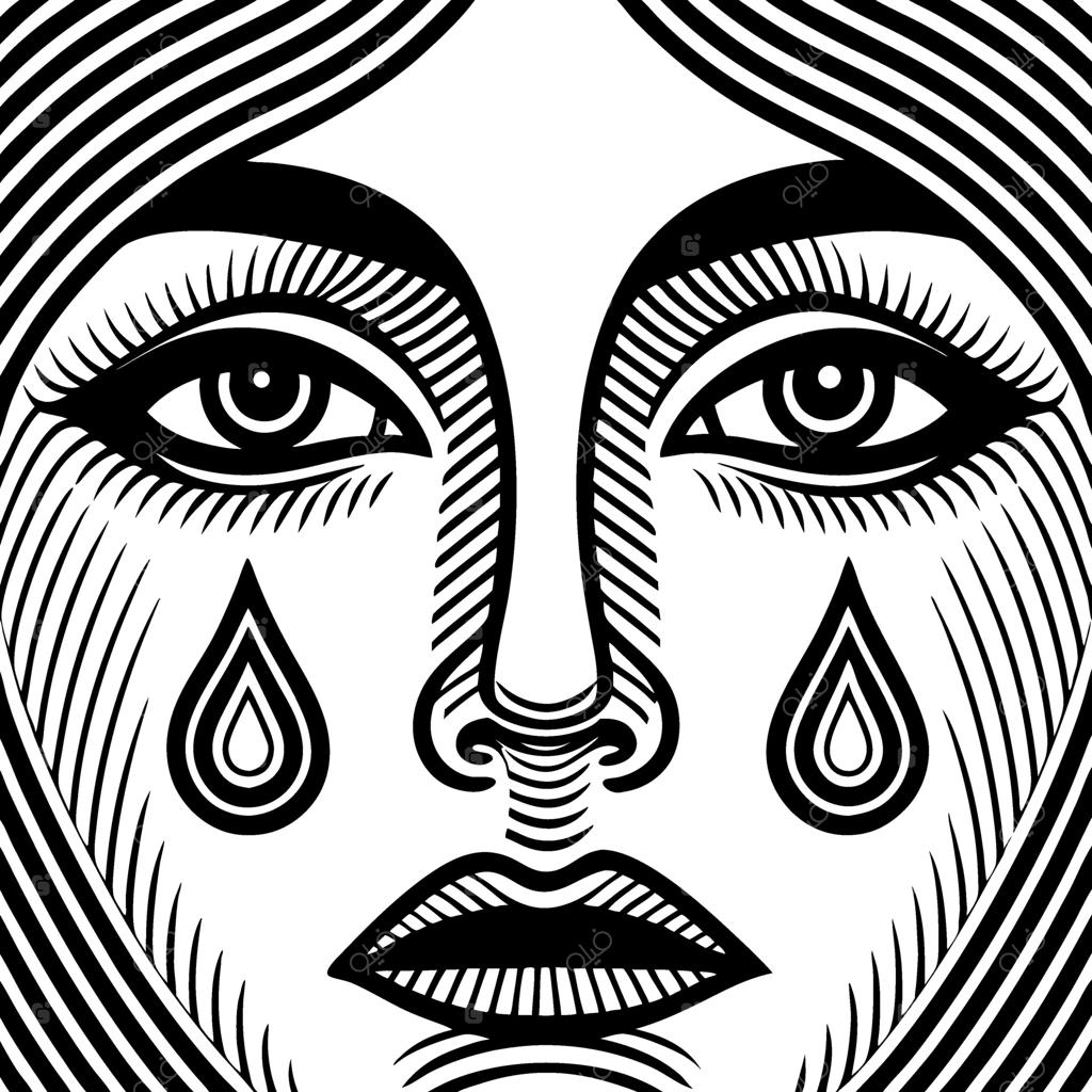 پرتره سیاه و سفید و پرجزئیات زن با قطرات اشک برای تاتو و طراحی هنری