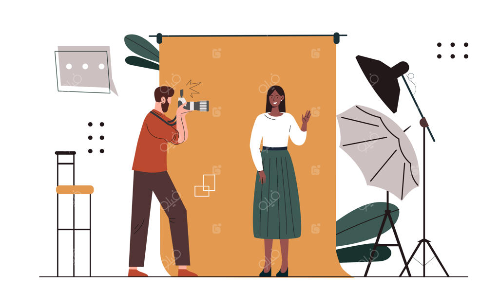 عکاسی از مدل در استودیو با دوربین در کنار سافت‌باکس‌ها با مفهوم خلاقیت