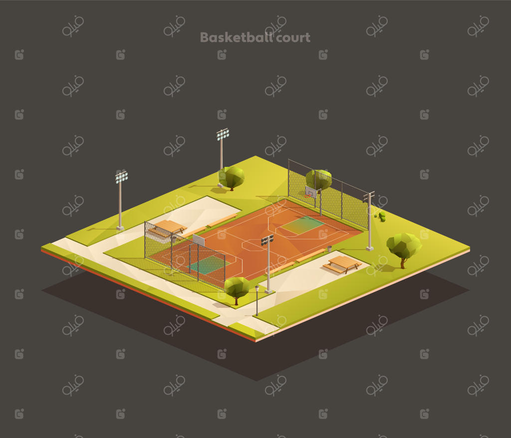 نمای ایزومتریک زمین بسکتبال مدرسه دولتی در فضای باز