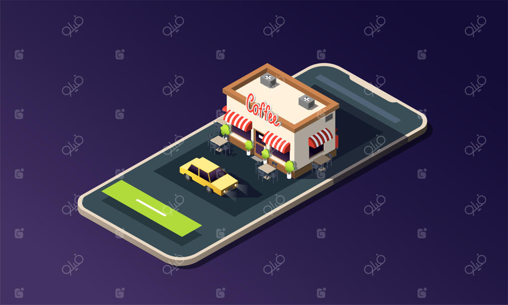 گوشی ایزومتریک با خیابان قهوه‌خانه و تاکسی
