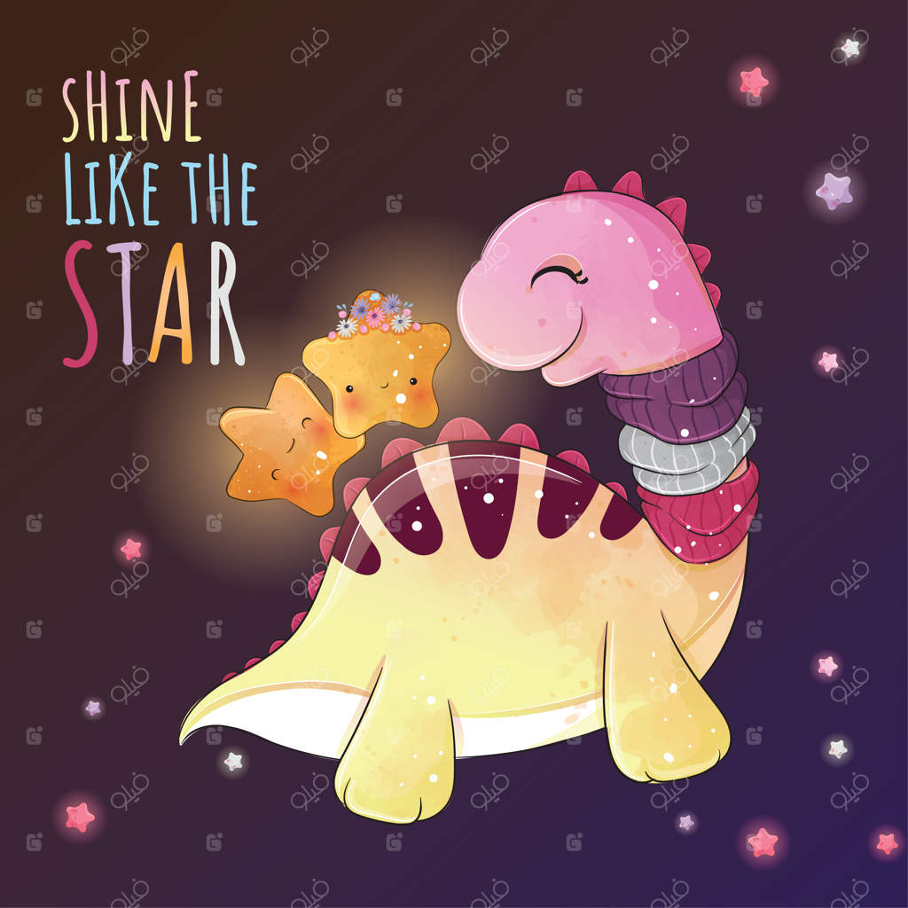 دایناسورهای کوچک و بامزه با ستاره‌هایی در آسمان - تصویر آبرنگی حیوانات بانمک