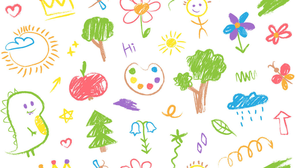 پترن یکپارچه با نقاشی‌های کودکانه رنگارنگ به سبک مداد شمعی: دایناسور، درختان، سیب، پروانه، خورشید، گل‌ها. طرح‌های بچه‌ها، طرح بافت گچ، پس‌زمینه، کاغذ دیواری.