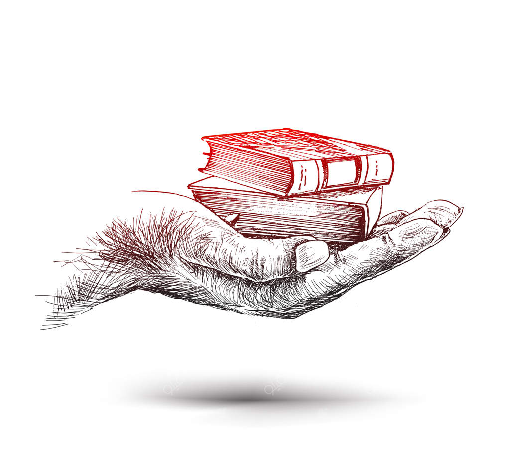 دسته‌ای از کتاب‌ها در دست - طرح دستی وکتور روی زمینه سفید