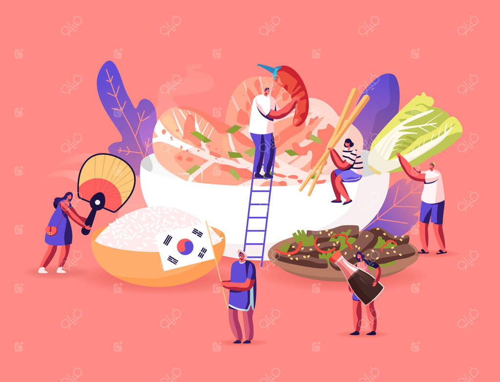 شخصیت‌هایی در حال خوردن و پخت و پز غذاهای سنتی کره‌ای. مردم با بادبزن ملی، توریست‌ها دور یک بشقاب بزرگ با برنج، میگو، گوشت کبابی، کلم و سبزیجات. تصویرسازی کارتونی.